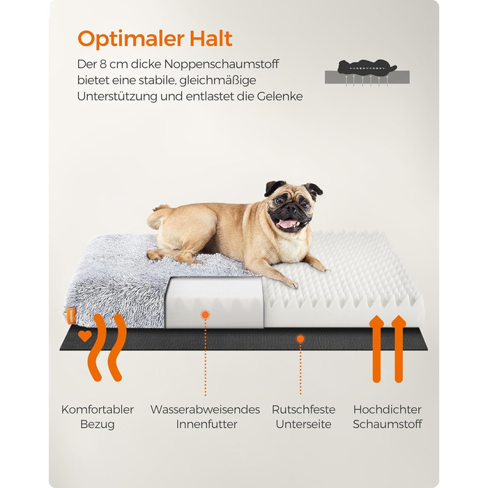 Feandrea Dog Bed, Orthopedic Dog Cushion, Padded with Visco-Elastic Foam, Removable and Washable Cover, Size M, for Small and Medium Dogs, 80 x 50 x 8 cm, PGW211G02 (L 80 x W 50 x H 8 cm, Ombré Gray)