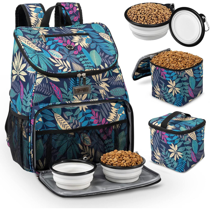 BAGLHER Сумка-переноска для собак, відповідна вимогам авіаперевезень, рюкзак для собак з 2 скласними мисками та 2 контейнерами для корму (Hawaii-A, Classic)