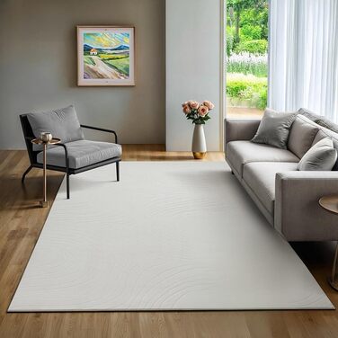 Килим Rio - сучасний та м'який килим для вітальні та спальні з антиковзним покриттям та 3D-оптикою, пухнаста поверхня, легкий у догляді та міцний, білий, білий-1 (120 x 160 см, кремовий-5)