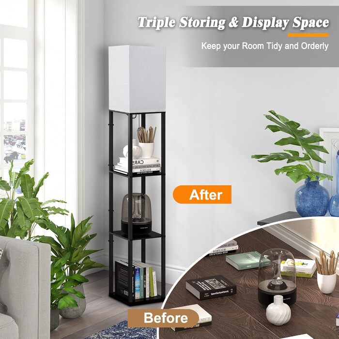 Світлодіодна торшер з дерева, 1.6м, з цоколюванням E27 (3000K-5000K), ретро торшер з 3 полицями, 3 колірні температури, настільна лампа з абажуром для спальні, кута, вітальні, офісу, чорний