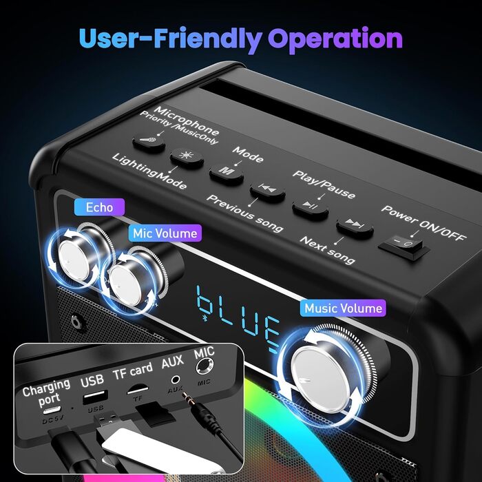 Портативна караоке-машина Ankuka з 2 бездротовими мікрофонами, 15W Bluetooth, LED-підсвічуванням, TF/USB, FM, AUX, TWS, для вечірок та свят