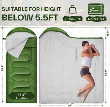 Сплячий мішок Sportneer Outdoor - ковдровий спальний мішок 3-4 сезони для дорослих, теплий спальник для кемпінгу, подорожей та активного відпочинку (200x85 см, зелений)