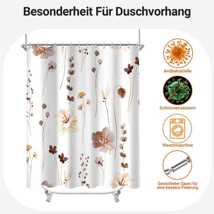 Штора для душу 240x200 см коричнева з квітами, антигрибкова, водовідштовхувальна, поліестер, з кільцями для ванної кімнати