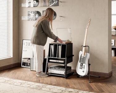 Вініловий програвач FITUEYES Eiffel: полиця для програвача та платівок, компактна Hi-Fi тумба, чорна