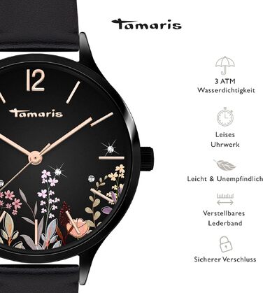 Жіночий кварцовий годинник Tamaris — круглий циферблат, чорний колір з квітковим принтом