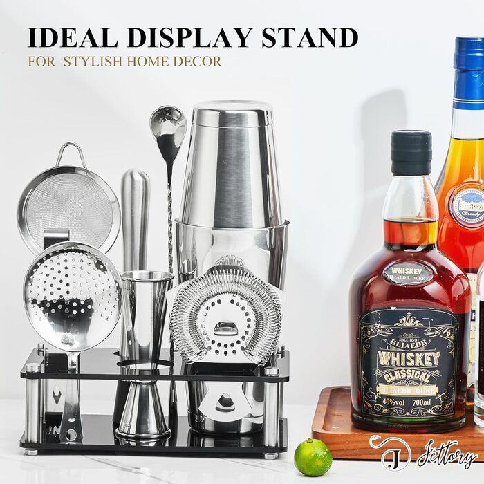 Boston Shaker Set – 10-Piece Stainless Steel Cocktail Shaker Set with Acrylic Base, Hawthorne Strainer, Ice Tongs, Bar Spoon, Jigger, Muddler – Perfect for the Home Bar (Silver)