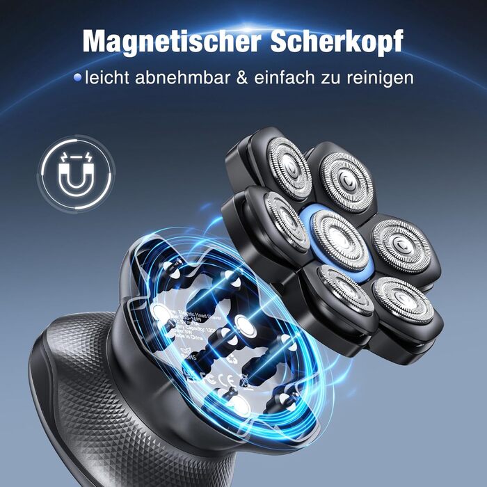 Електрична бритва для гоління голови Glatzen 7D Bold – професійна бритва для лисих, водонепроникна, з акумулятором Type-C, 2 режими, синя