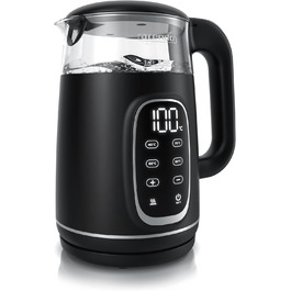 Електричний чайник Arendo зі скляною колбою, регулюванням температури, нержавіючою сталлю, подвійними стінками (Cool Touch), дисплеєм, бездротовим підключенням, 2200 Вт, 1,7 л, захистом від перегріву, функцією підтримання тепла, чорний