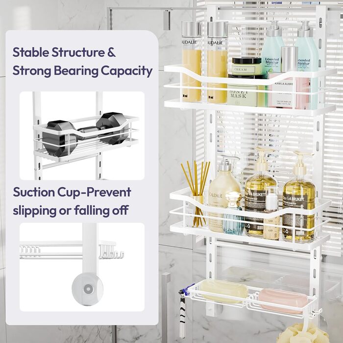 SWTYMIKI Adjustable Hanging Shower Shelf - No-Drill Shower Shelf for Glass Door, Stainless Steel Shower Shelf with Hooks and Soap Holder, Shampoo Holder for Shower, White