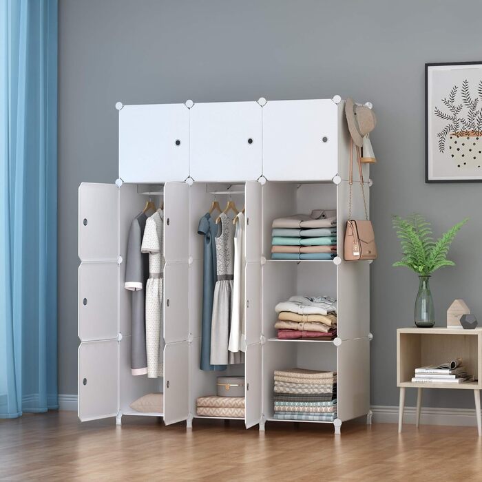 HOMIDEC Wardrobe, Portable Storage System, 20 Cube Closet made of Plastic with 2 Clothes Racks, Bedroom Wardrobe Closet White for Bedroom, 180 x 142 x 45cm (12 cube, All White)