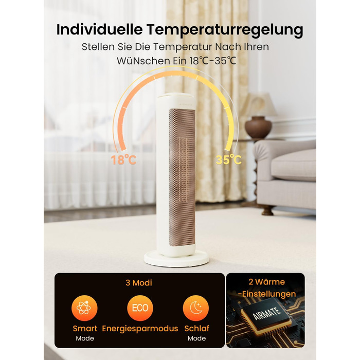 Електричний обігрівач AIRMATE 63см: керамічний, тихий, з термостатом та осциляцією, 3 режими, таймер, 2000W, захист від перегріву, білий