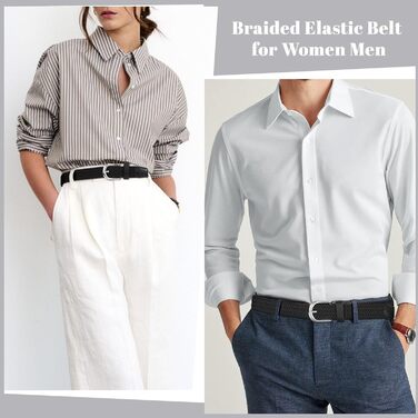 Жіночий плетеный еластичний пояс JASGOOD, льон, 2.5 см, 2 шт. (Чорний + Чорний, срібна пряжка) Розміри M (до 86 см) та XL (до 107 см)