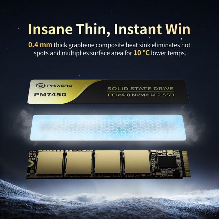 PHIXERO PM7450 4TB NVMe SSD PCIe Gen4x4 M.2 2280 - Швидкий SSD для ігор та ПК, до 7450 МБ/с, QLC, з графітовим охолодженням