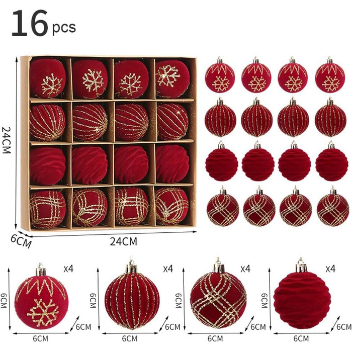 16 штучних новорічних кулі червоного кольору, 6 см, для прикраси ялинки. Набір міцних пластикових кулішок з гачками для ялинки. Новорічний декор для ялинки.