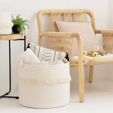 CherryNow Large Woven Storage Baskets – 40.6 x 33 cm Cotton Rope, Decorative Basket for Kids' Rooms, Toys, Blankets, and Laundry, Cute Tassel, Kids Room Decoration