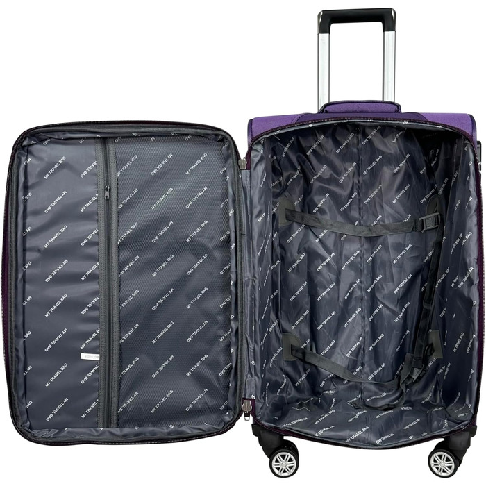 Чемодан-валіза на колесах з тканини, розширюваний, з подвійними колесами (M/L/XL/XXL або набір 4 шт.), м'яке багаж (фіолетовий, ручна поклажа (55 см))