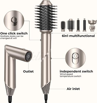 UKLISS 6-в-1 Airstyler: Фен-щітка, локони, укладка, іонізація 60 000 U/min, золотий