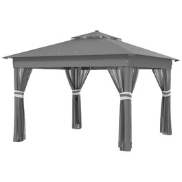 Outsunny Folding Gazebo, approx. 3 x 3 m, Gazebo with LED lights, 4 mosquito nets, side walls, garden gazebo with water bag, double roof, carry bag, dark grey | Aosom