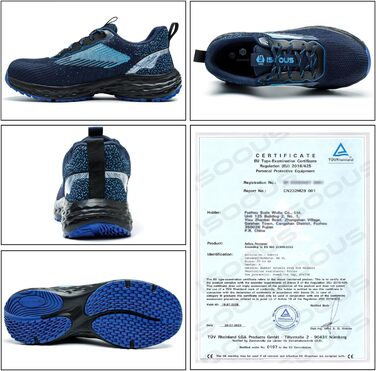 Черевики безпеки ISOOUS для чоловіків та жінок. Легкі, дихаючі, з металевим капаком, антиковзаючі, зручні. Розмір 43 EU, блакитні.