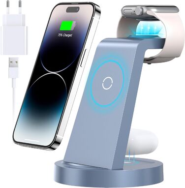 Зарядна станція 3-в-1 для iPhone з бездротовим зарядним пристроєм для Apple - сумісна з iPhone 16, 15, 14, 13, 12, 11, X, Pro, Max та Apple Watch 10, 9, 8, 7, 6, SE, 5, 4, 3, 2, AirPods 4, 3, Pro з адаптером 18W (Блакитний)