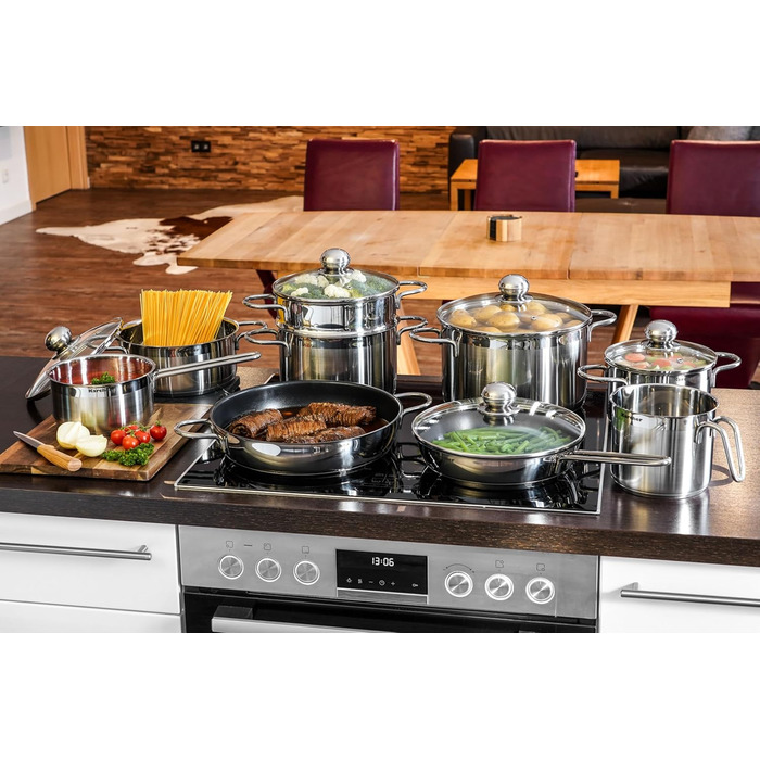 Karcher 14-Piece Stainless Steel Cookware Set with Glass Lids - Induction Compatible