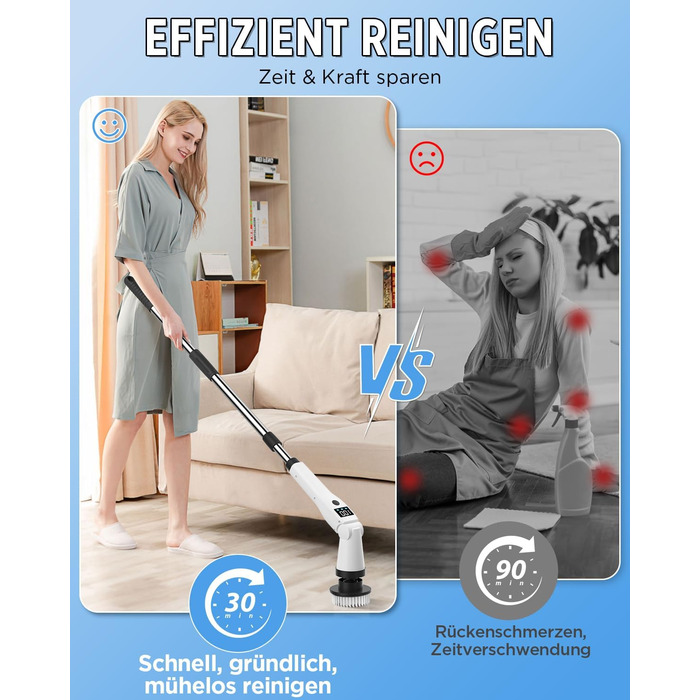 Електрична щітка для прибирання з 8 насадок, 3 швидкості, IP65 водостійка, регульована ручка, акумуляторна щітка для ванної, кухні, плитки, душу та кутів (біла)