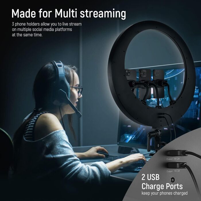 NEEWER Ringlicht RP19H 19 дюймів з підставкою та 3 тримачами для телефону, 2.4G керування, плавне регулювання яскравості, LCD та сенсорне керування, 42W CRI 97+ 2540 Lux, для стрімінгу, домашнього офісу, Zoom, освітлення, з пульт дистанційного керування