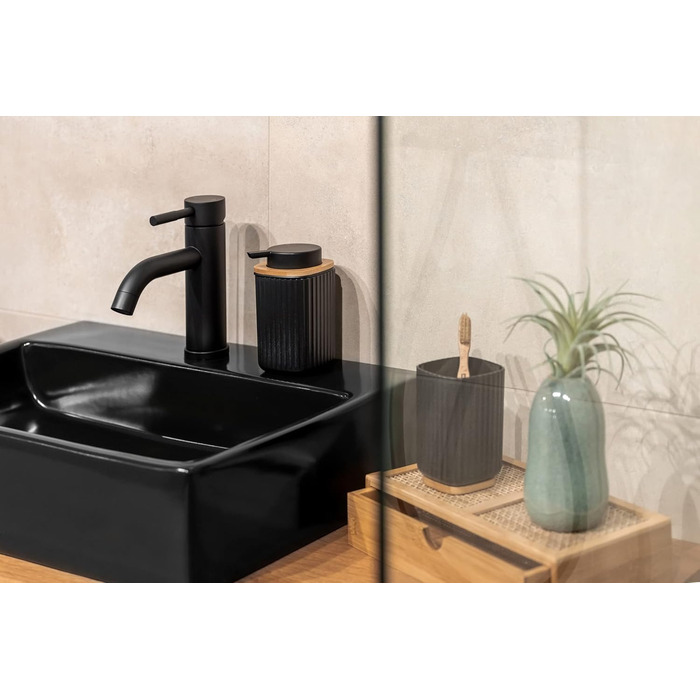 Дозатор для мила WENKO Rotello, 250 мл, з бамбуковими деталями, для мила та засобів для миття посуду, чорний/натуральний