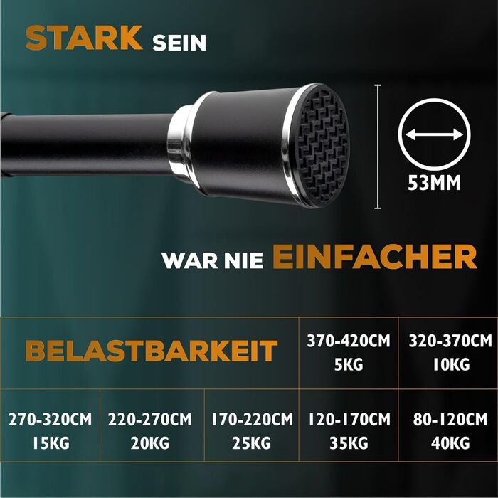 Штанга для штор Ø 32 мм, без свердління - штанга для душу та штори для вікон, перегородок та кухні (120-170 см, Чорний)