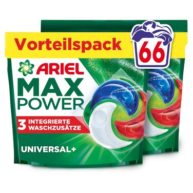 Капсули для прання Ariel Max Power Pods Universal+, універсальний засіб для прання, 66 прань