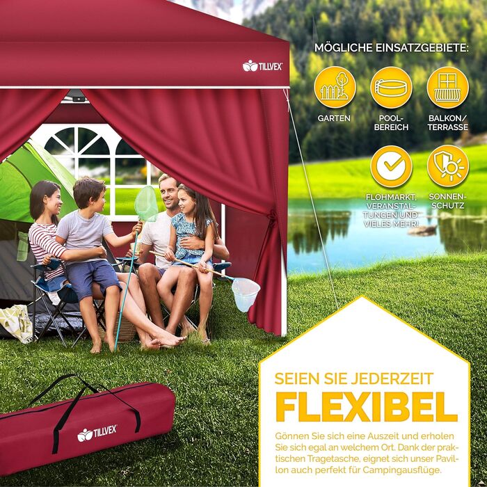 Waterproof Gazebo | Pop-Up Folding Gazebo, Adjustable Height | Garden Tent UV Protection 50+ | Party Tent with Bag for Garden (3x3m - with 4 Side Walls, Red)