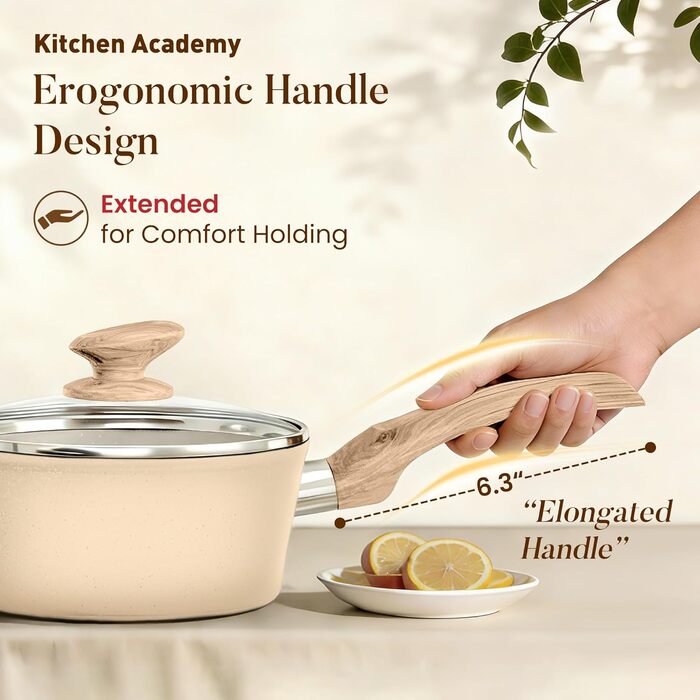 Набір кухонного посуду Kitchen Academy 12 предметів бежевий гранітний антипригарний для індукції, без PFOA/PFOS, сковороди та каструлі для всіх типів плит