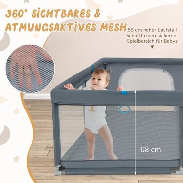 DREAMADE Playpen Baby, 200 x 180cm Playard with 50 Balls & 4 Grips & Carry Bag, Foldable Crawling Gate with Breathable Mesh, for Baby & Toddlers 0-36 Months (Dark Grey)