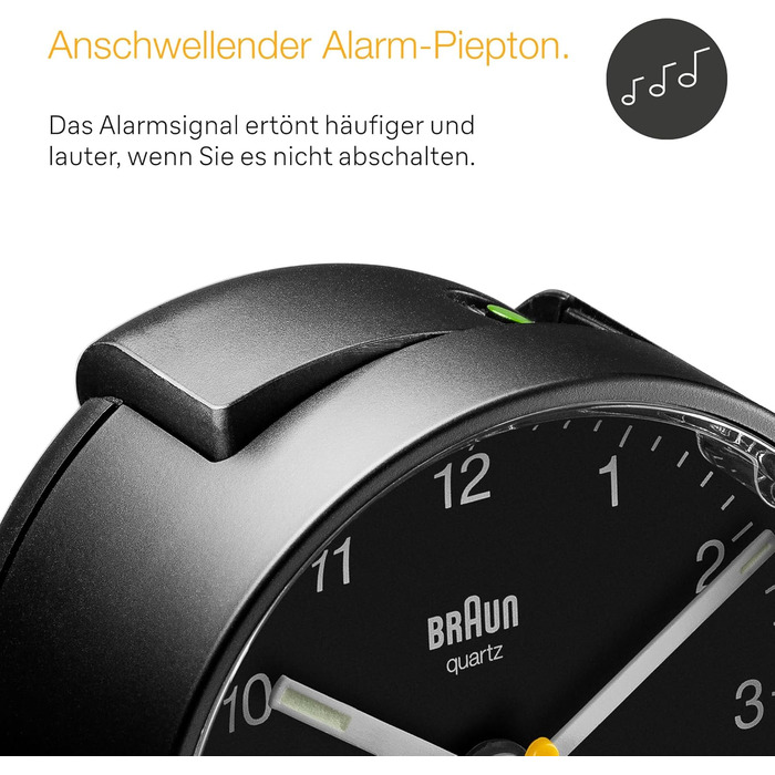 Braun Classic Analog Alarm Clock with Snooze Function and Light, Silent Quartz Movement, Crescendo Alarm in Black, Model BC01B.