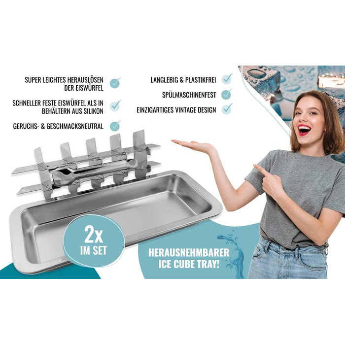 Dreiklang - be smart® 2-Piece Value Set Polished 18/8 Stainless Steel Ice Cube Molds with Lever Insert for Effortless Removal | Food-Safe & Durable Retro Ice Cube Mold | Plastic-Free Large