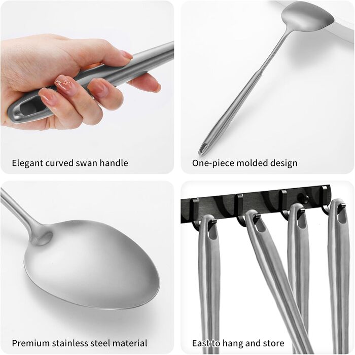 Набір кухонних аксесуарів з нержавіючої сталі 304, 12 предметів. Комплект кухонного начиння з лопаткою, половником, ложками, шумівкою, лопаткою для перевертання, щипцями (сріблястий, придатний для миття в посудомийній машині)