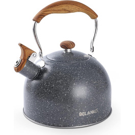 Чайник BELANKO 2,5 л з свистком, нержавіюча сталь, з дерев'ястим декором, складаний ручка, для чаю, кави, молока – блакитний (сірий)