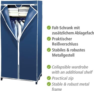 WENKO Air Wardrobe, practical fabric wardrobe for dust-free storage of textiles, stable metal frame, easy assembly, breathable non-woven material, 75 x 150 x 50 cm, Navy (with shelf)