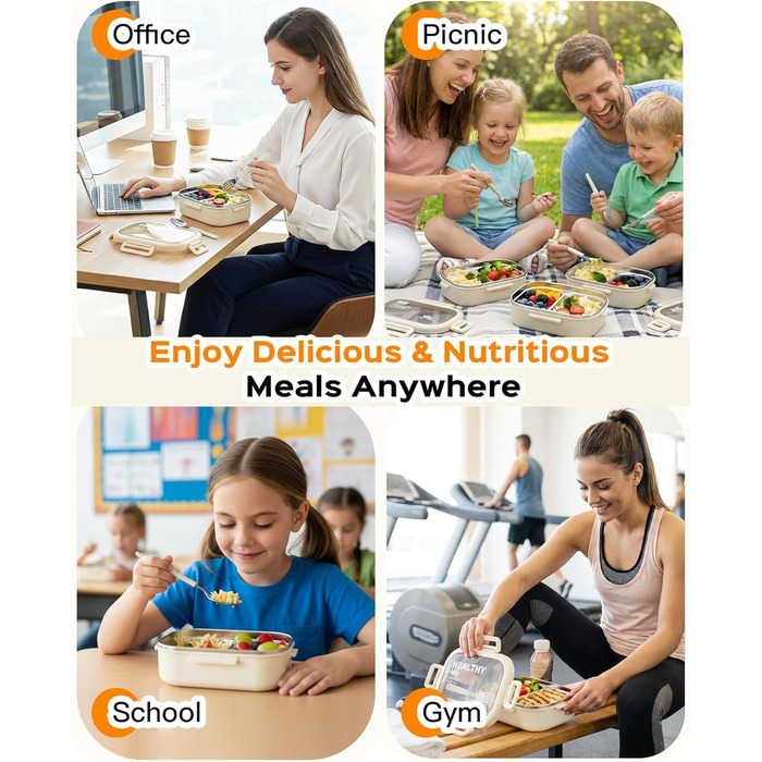 Ланчбокс Lille Home з нержавіючої сталі з 2 відділеннями, 850 мл, витокозахисний, з сумкою та столовим прибором, BPA-free (Бежевий)