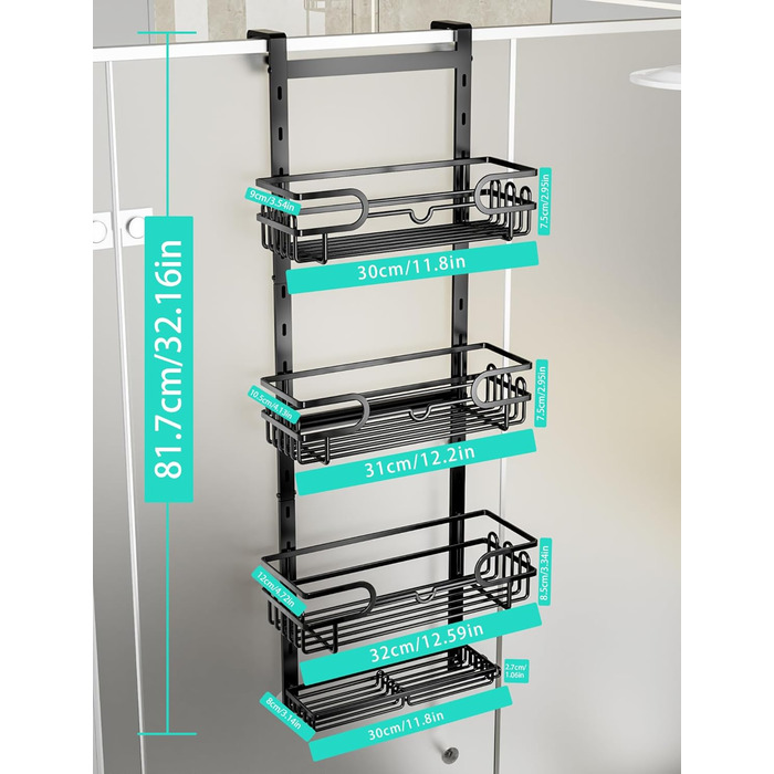 HapiRm Shower Shelf - Hanging Shower Rack Adjustable with 4 Shower Baskets, Shower Shelf No Drilling with Soap Dish and Hooks, Shower Shelf Over the Door Glass Wall & Bathroom Door, Black