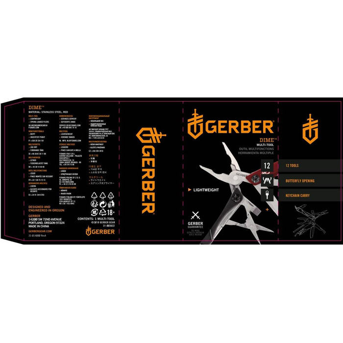 Gerber Multi-tool with 12 functions, Dime Pocket Multi-tool, Black, 1014030 (Red (EU))