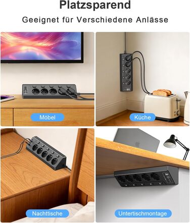 Розподільник розеток з незалежним вимикачем, мережевий фільтр з 4 USB (2 USB-C) + 5 розеток з дитячим захистом, 3680W, 2м подовжувач для кухні, офісу, дому (чорний) 5 розеток Чорний - Розподільник розеток