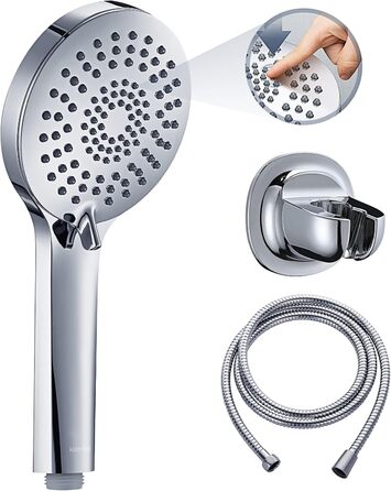 Showerhead Set, 3 Functions, Liquid Silicone - Showerhead Set with Hose and Holder, High Pressure and Water-Saving, Universal with G1/2 inch Connection, Chrome Showerhead for All Family Members
