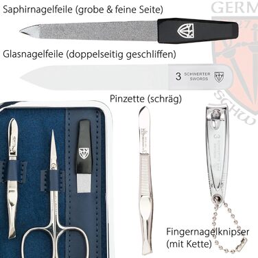 Набір манікюру DREI SCHWERTER 'Genova' 6 шт. | Німецький манікюрний набір у текстильному етою джинсового кольору | У комплекті: ножиці для нігтів, ножиці для кутикули, щипчики для нігтів, скляний наперсток, пінцет, алмазний наперсток БЛАУ / TEXTIL-JEANS