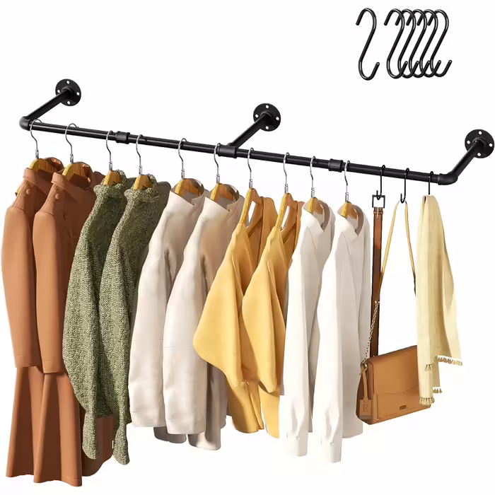 pickpiff Vintage Clothes Rack, 140 cm Industrial Pipe Clothes Hanger for Wall Mounting, Space-Saving, Sturdy Clothes Rail, 1 Pack of 6 S-Hooks