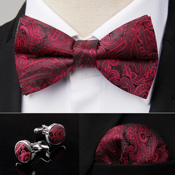 HISDERN Комплект краватки, нагрудного хустинки та запонок Paisley, з гачком, вже зав'язана, регульована, для весілля, свят, Різдва, Хелловіну (A2-Бордовий)