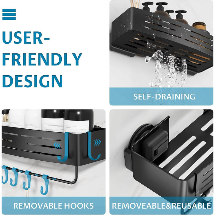 Поличка для душу Onemake з присосками, регульована, з гачками та рушниковою перекладиною, органайзер для ванної кімнати, матовий чорний, 1 шт.