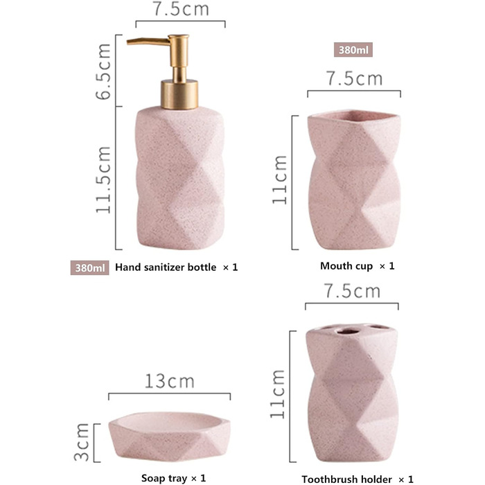 Набір аксесуарів для ванної кімнати Tauzveok: геометричний дизайн, рожевий, 4 шт. (серебряний дозатор мила, попільничка для зубних щіток, мильниця, тримач для зубних щіток)
