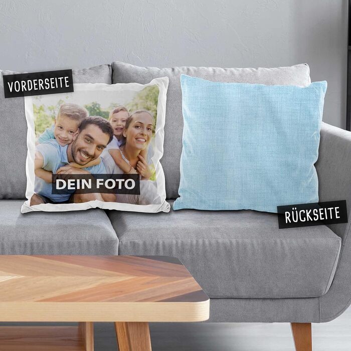 PR Print Royal Photo Cushion Cover - Design Your Own with Your Photo - One-Sided Printing - Personalized Photo Gift for Friends and Family - 40 x 40 cm, Backside Light Blue Patterned | Personalized