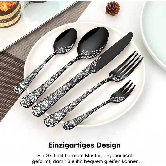 Black Cutlery Set for 6 People, HONKKU 36-Piece Stainless Steel Cutlery Set with Steak Knives, Eating Utensil Set Mirror Polished with Floral Patterns, Fork Spoon Knife Set Dishwasher Safe
